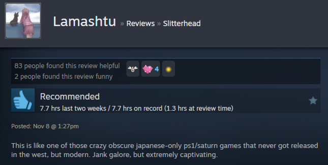 Screenshot showing a Steam user review of Slitterhead.